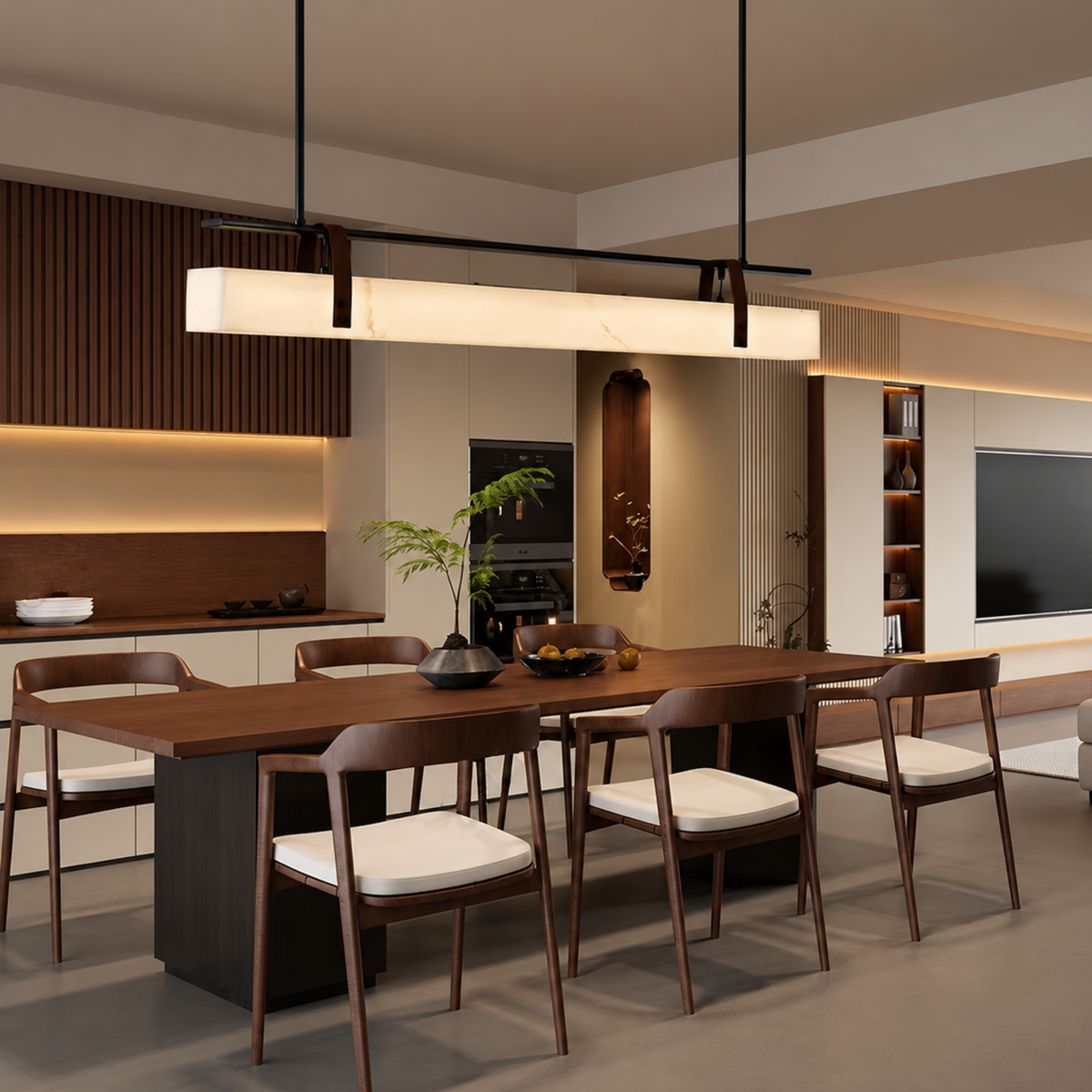 Faux Marble and Leather Linear Pendant Light, Dimmable