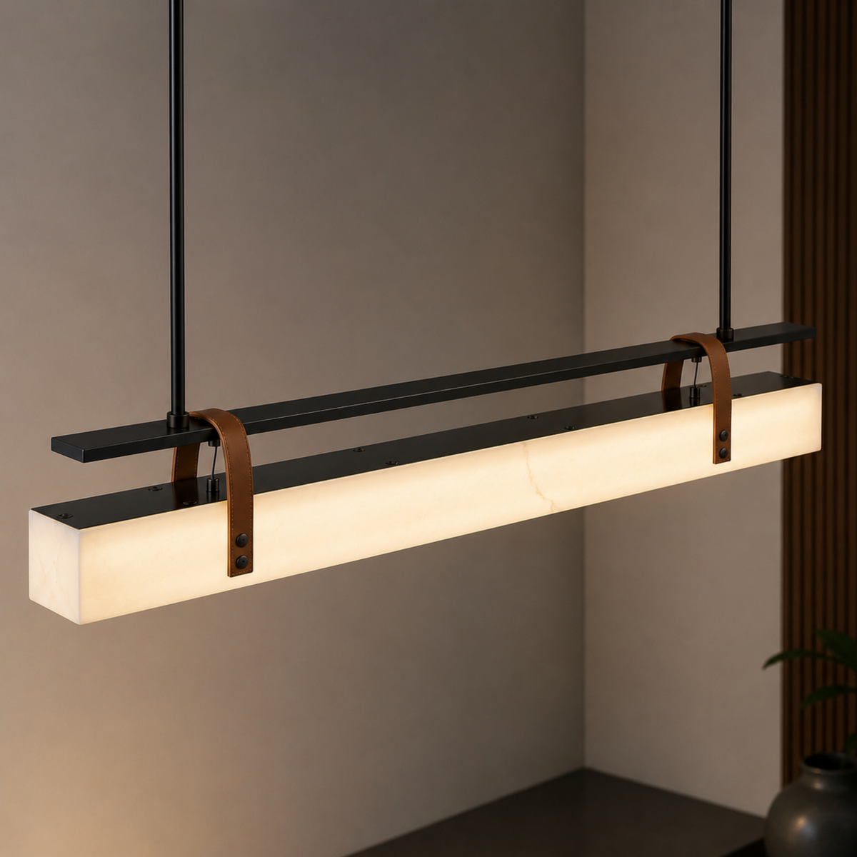 Faux Marble and Leather Linear Pendant Light, Dimmable