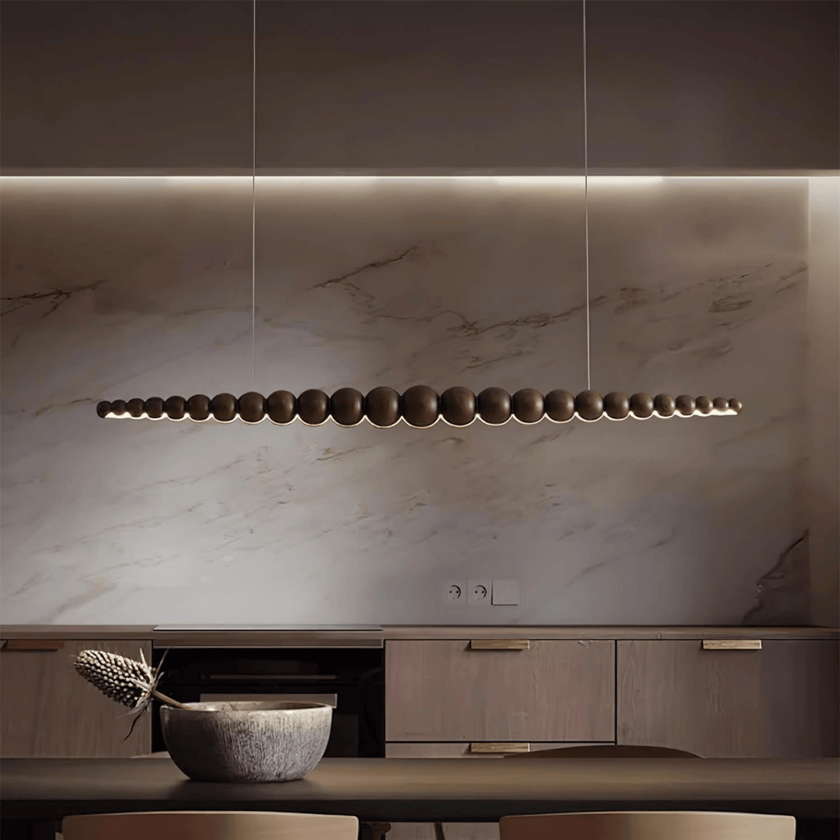 Dark Wood Bead Linear LED Pendant, Japandi Island Light