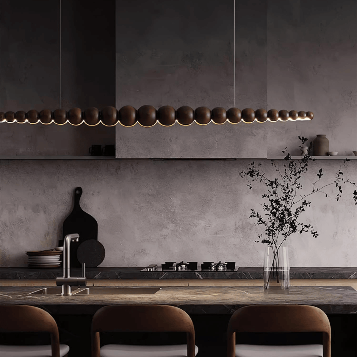 Dark Wood Bead Linear LED Pendant, Japandi Island Light