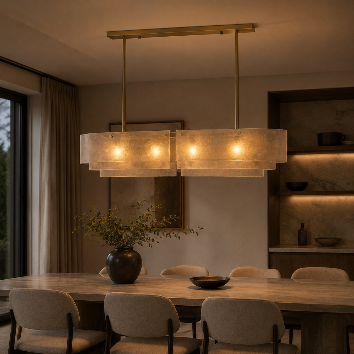Layered Textured Glass Linear Chandelier, Gold Frame
