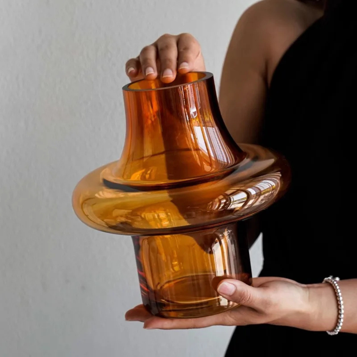 Amber Glass Ring Vase, Sculptural Geometric Tabletop Vase