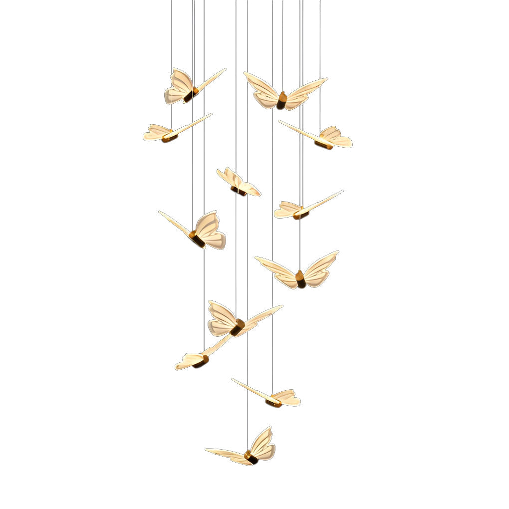 Butterfly Flight Staircase Chandelier, Black and Gold Long Drop Light 9