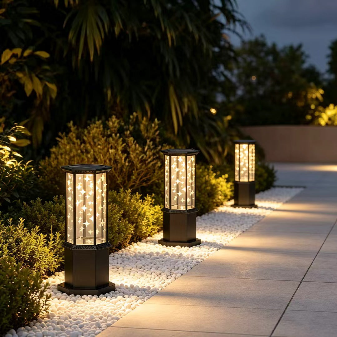 Column Solar Bollard Light, Black Aluminum Landscape Path Light