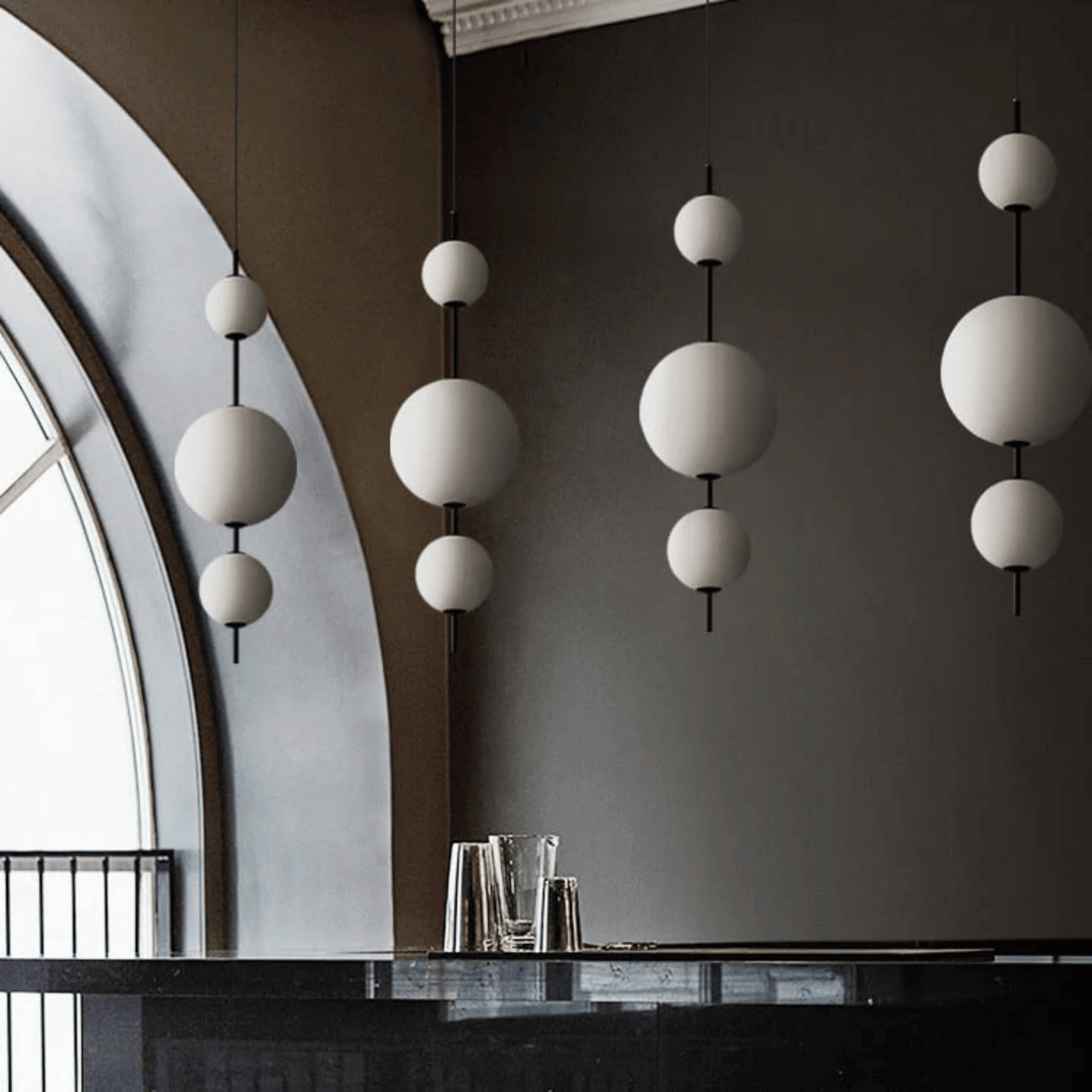 Frosted White Glass Globe Totem Pendant, Stacked Spheres