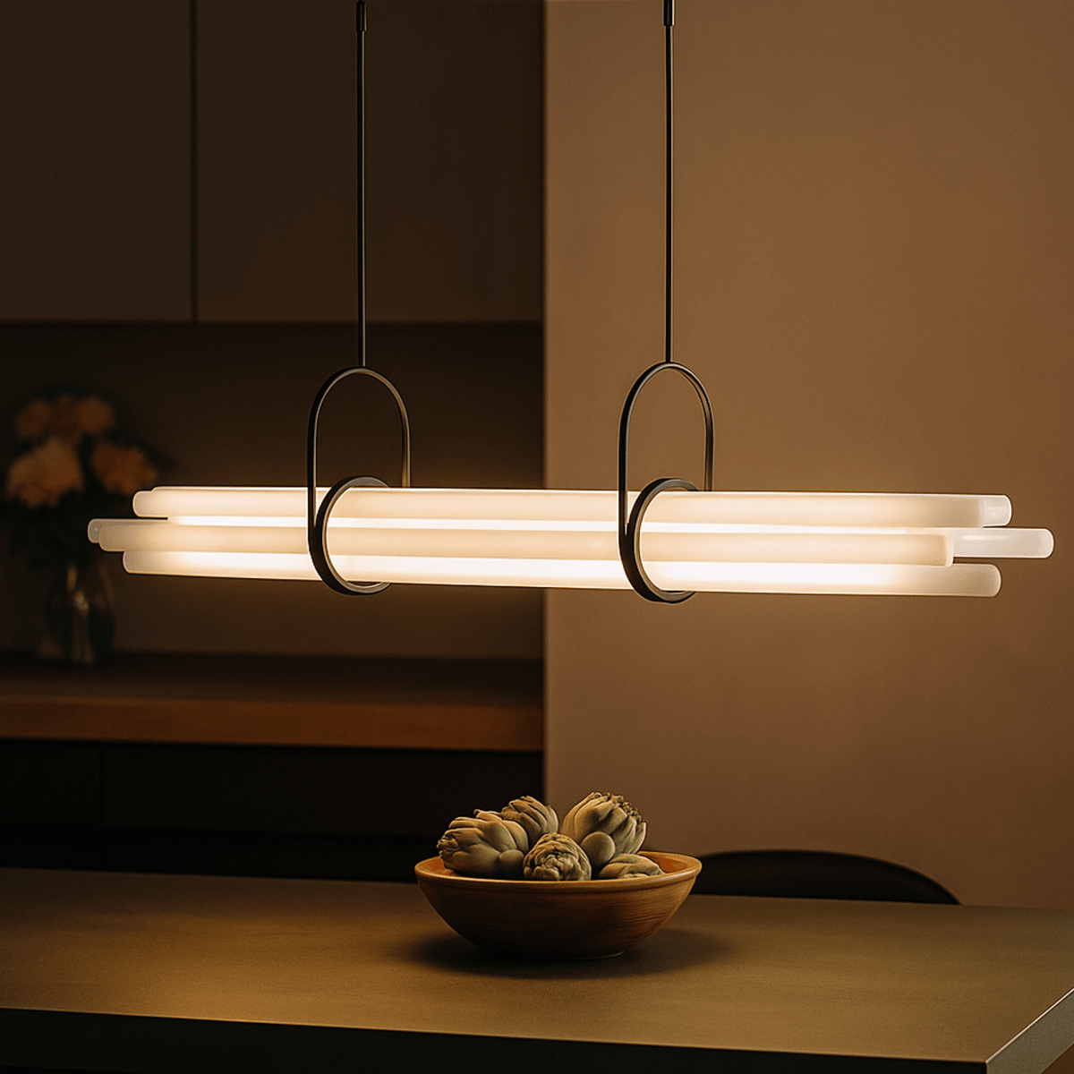 Slim Glass and Aluminum Linear Pendant, Long Office Bar