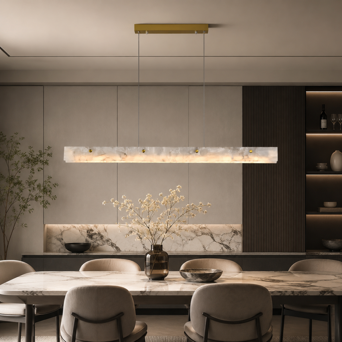 Natural Marble Linear Pendant Light, Brushed Gold LED