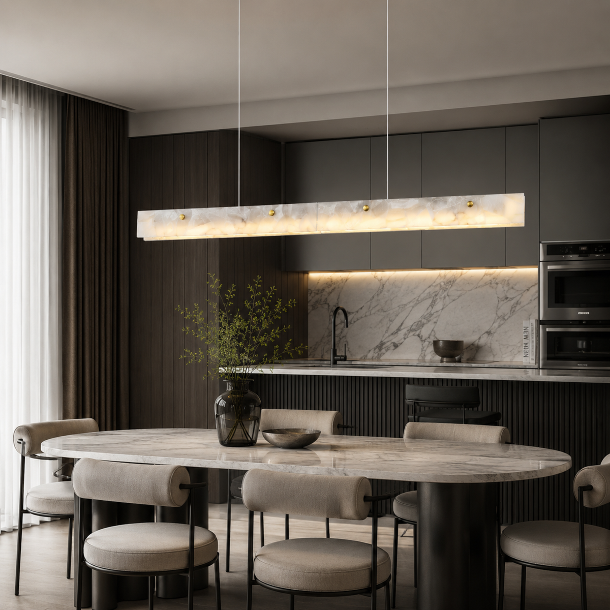 Natural Marble Linear Pendant Light, Brushed Gold LED