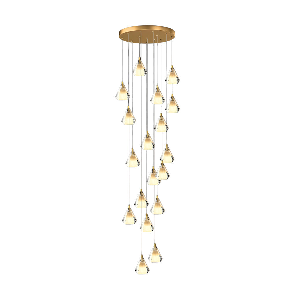 Faceted Crystal Cone Staircase Chandelier, Brass Long Drop Light 10