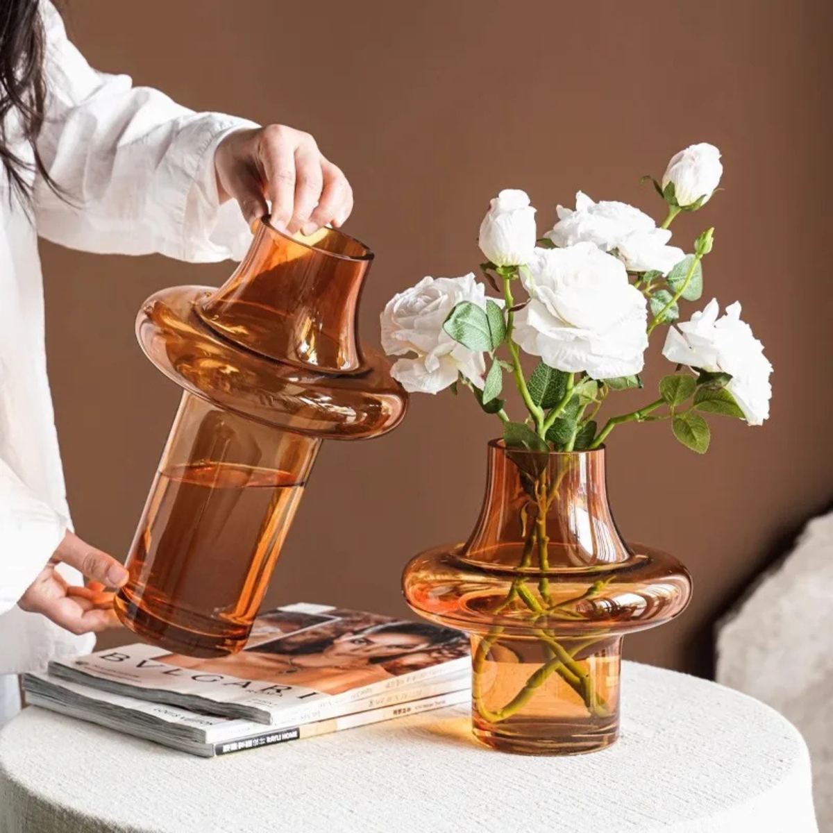 Amber Glass Ring Vase, Sculptural Geometric Tabletop Vase