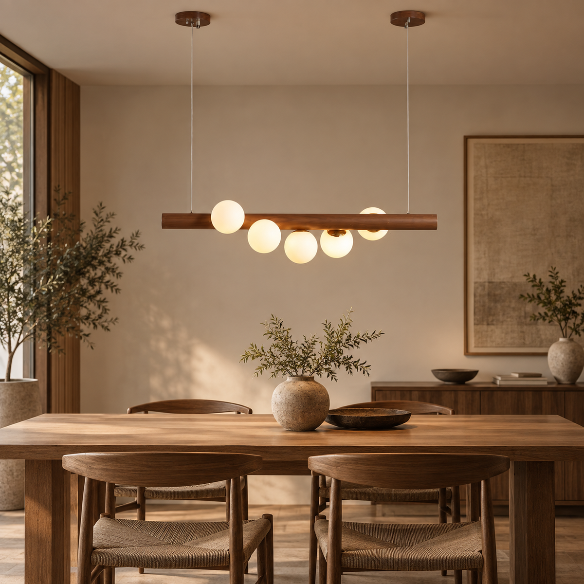 Walnut Wood Beam Globe Linear Pendant, 5 or 7 Lights