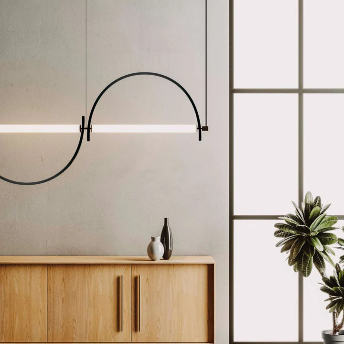 Black Loop Linear LED Pendant, Extra Long Sculptural Light