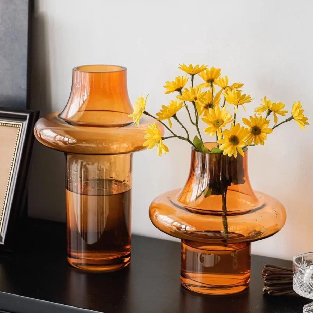Amber Glass Ring Vase, Sculptural Geometric Tabletop Vase