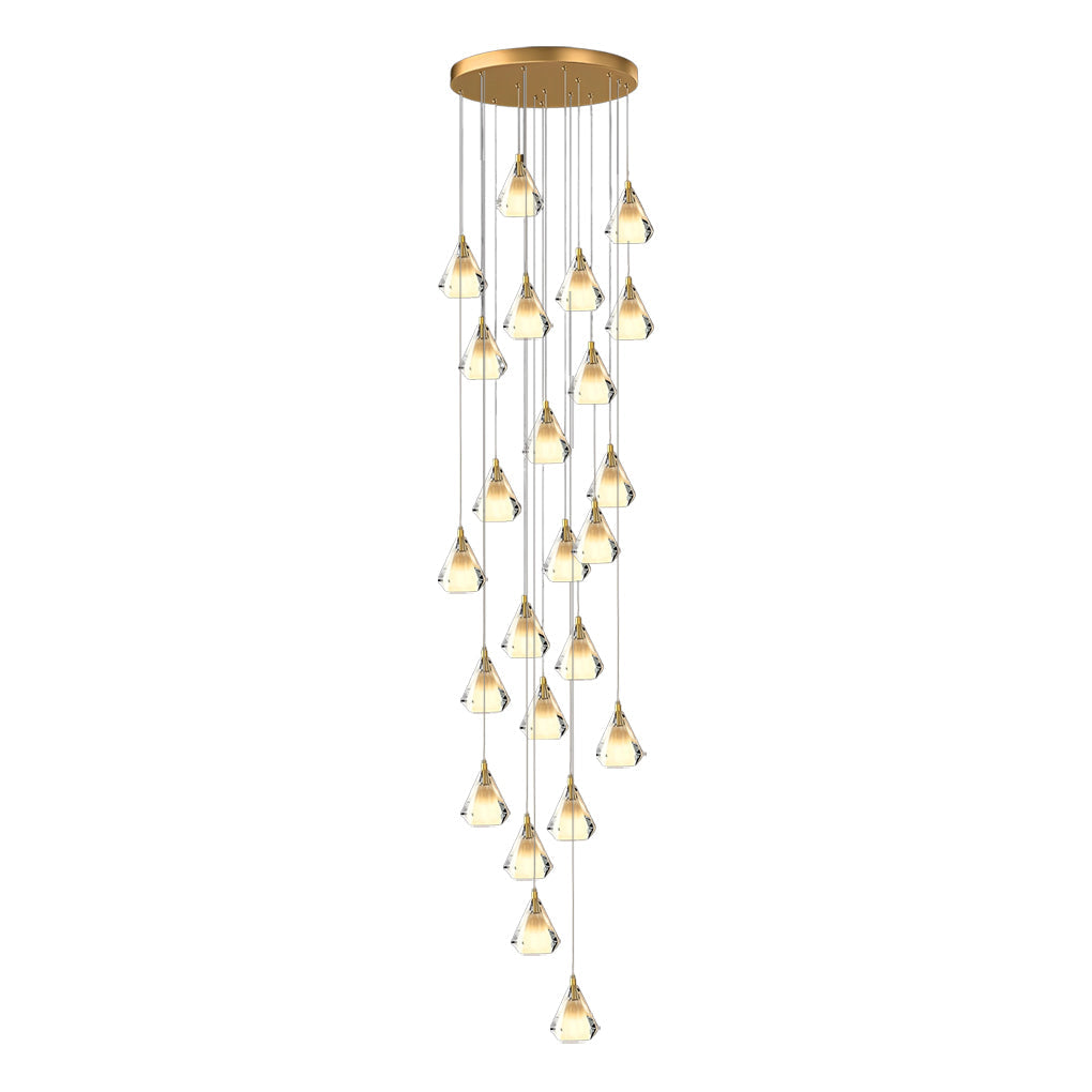 Faceted Crystal Cone Staircase Chandelier, Brass Long Drop Light 11