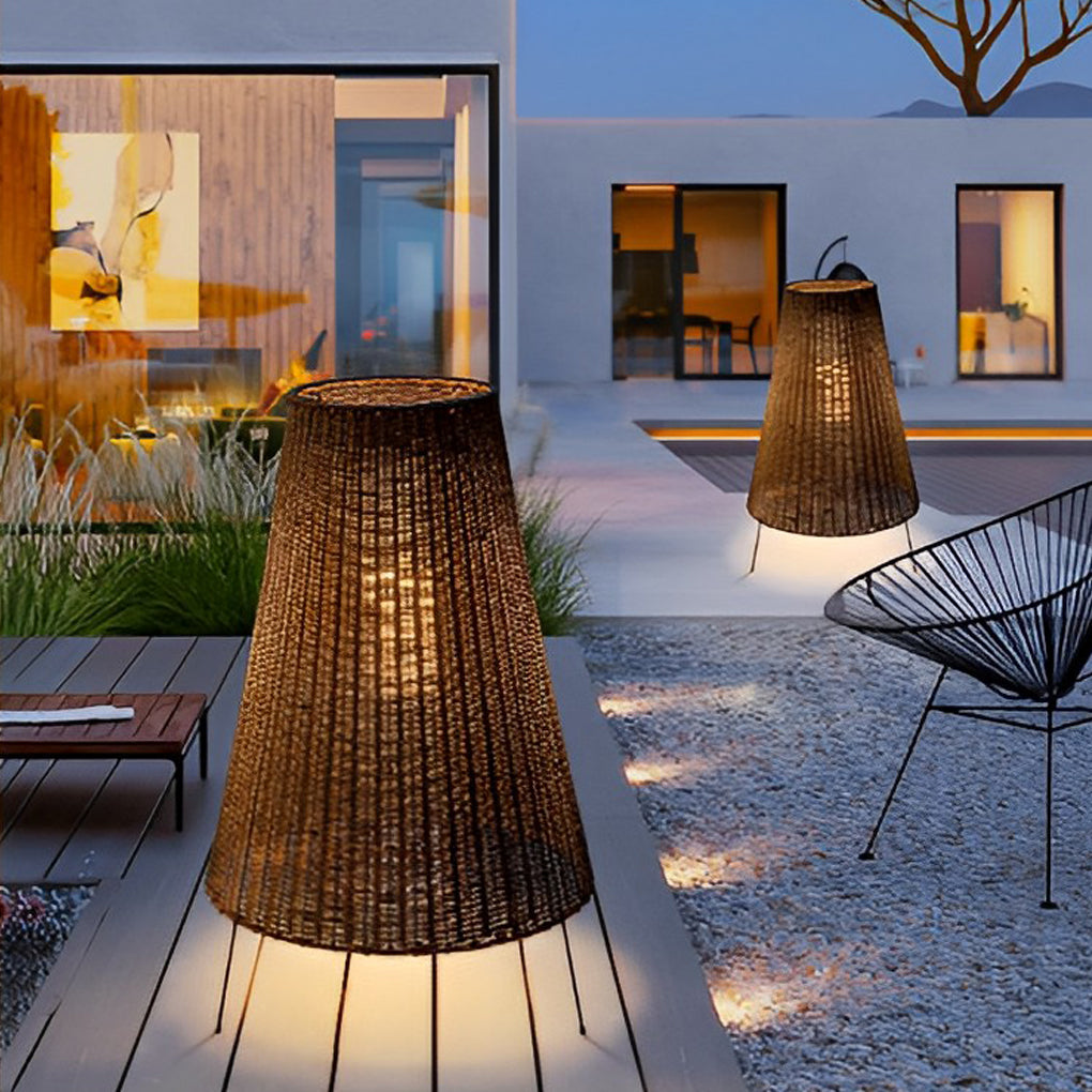 Woven Rattan Tripod Floor Lamp, Iron Frame Outdoor Patio Light