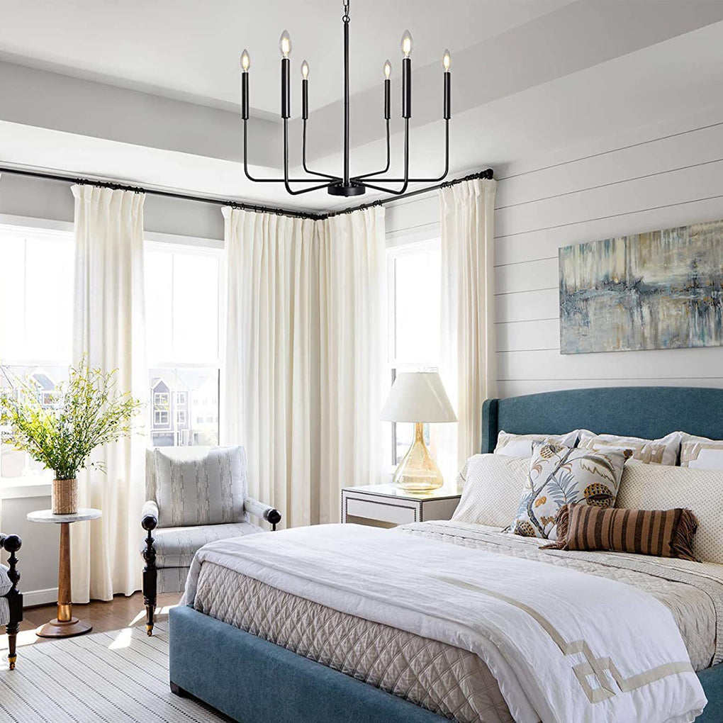 Slim Taper Candle Chandelier, Black Iron Farmhouse Ceiling Light