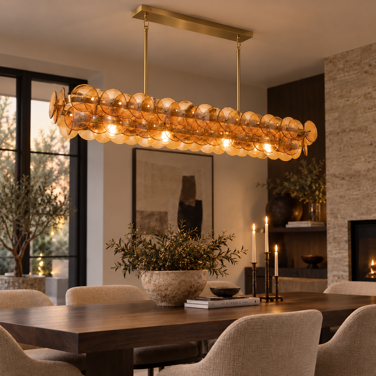 Amber Glass Disc Linear Chandelier, 12 Light Statement