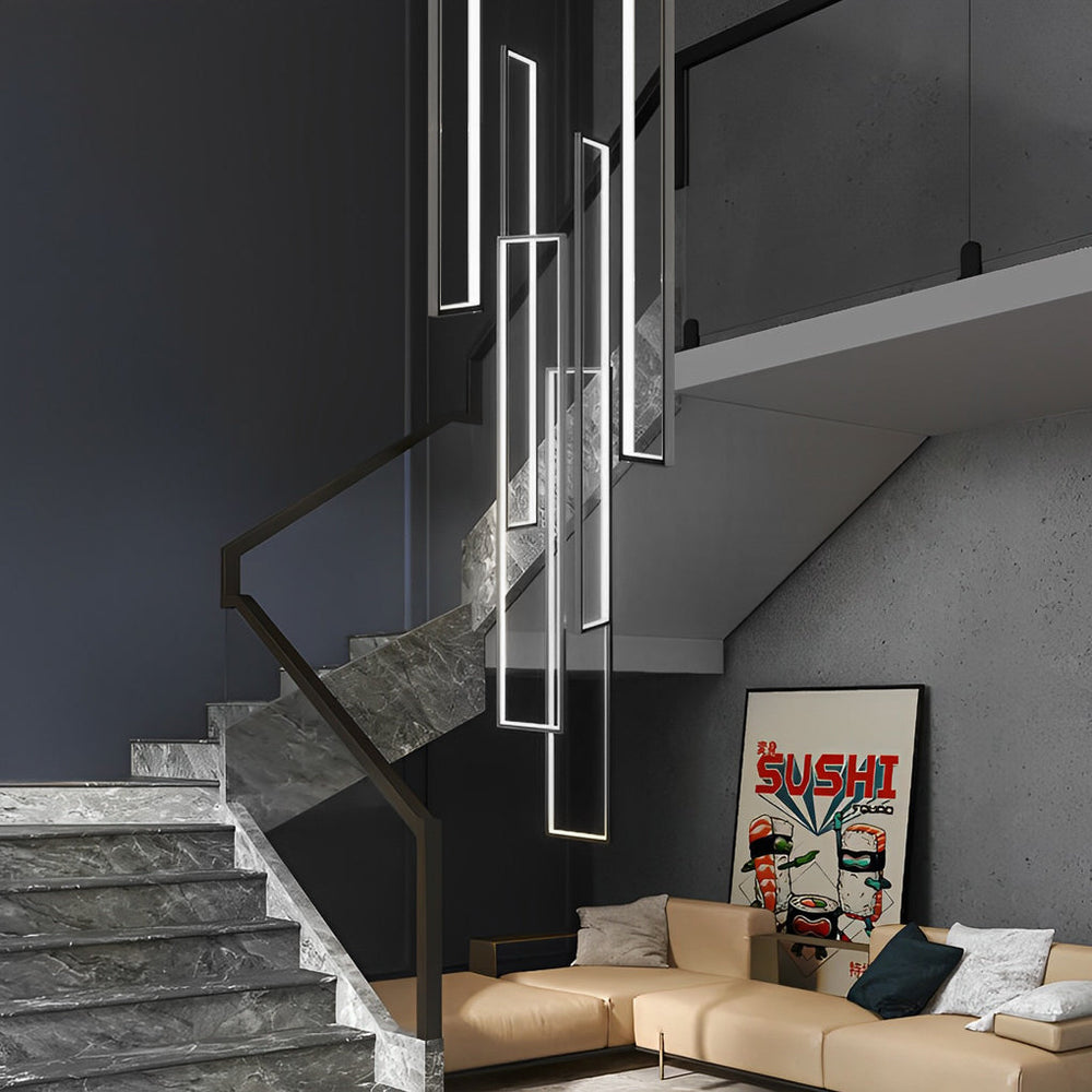 Rectangular Frame Stair Chandelier, Black Aluminum LED