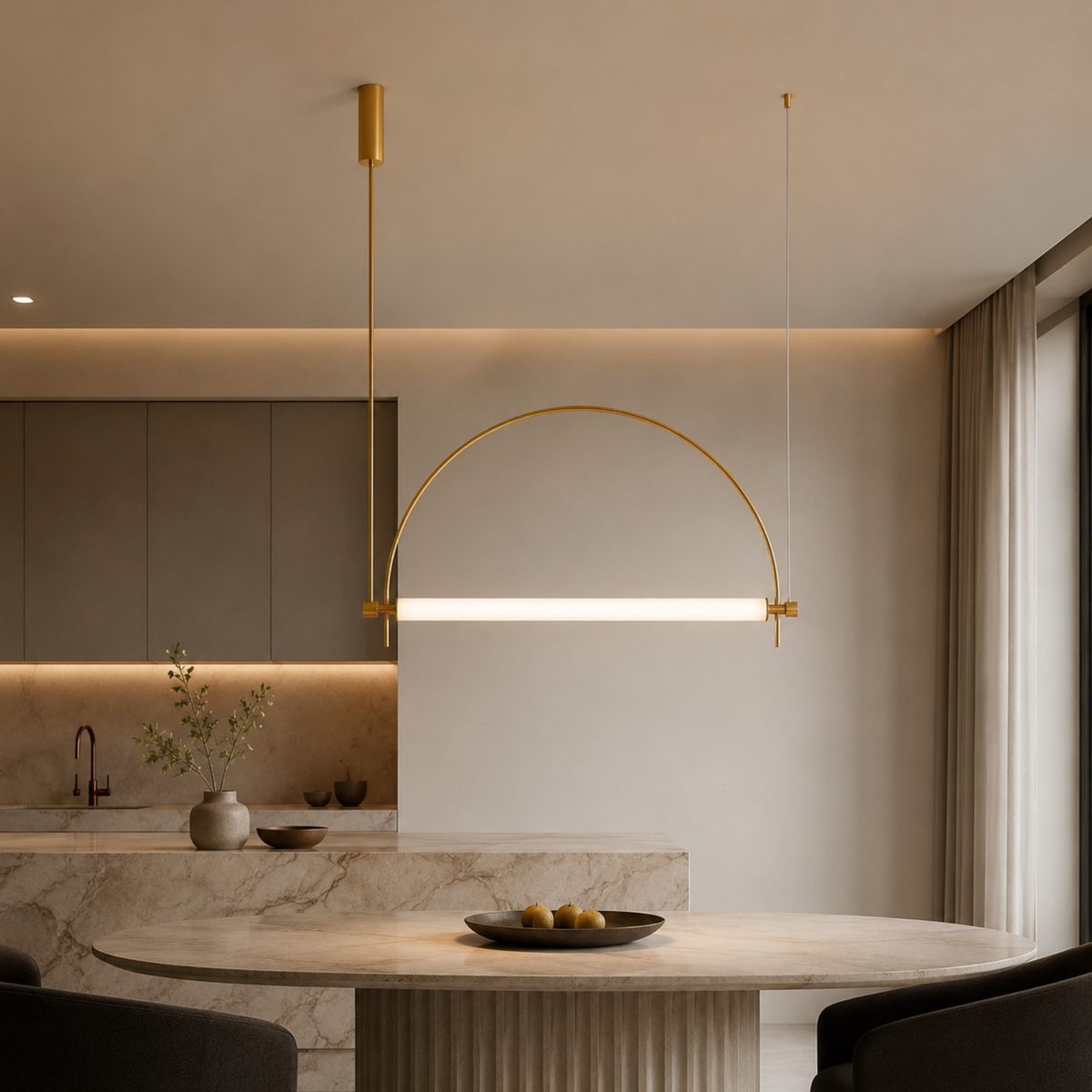 Gold Arc Linear LED Pendant, Curved Sculptural Light