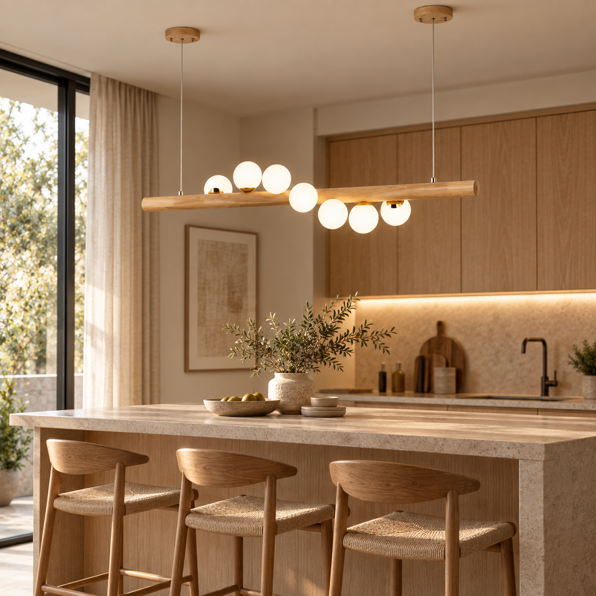Walnut Wood Beam Globe Linear Pendant, 5 or 7 Lights
