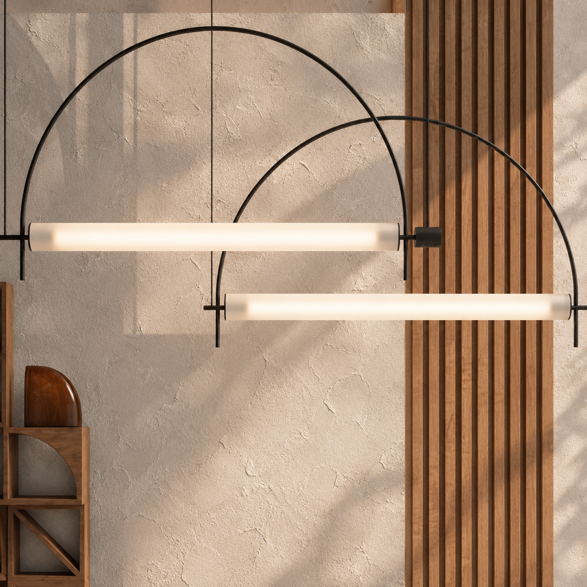 Black Arc Linear LED Pendant, Curved Sculptural Light