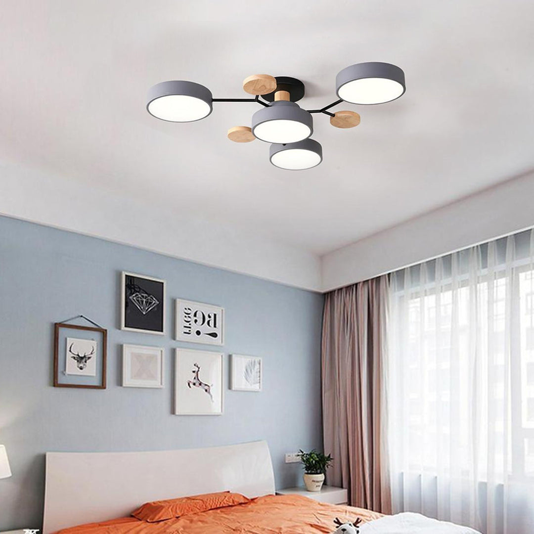 Orbit Disc Semi Flush Chandelier, Wood Accent Metal Ceiling Light 7