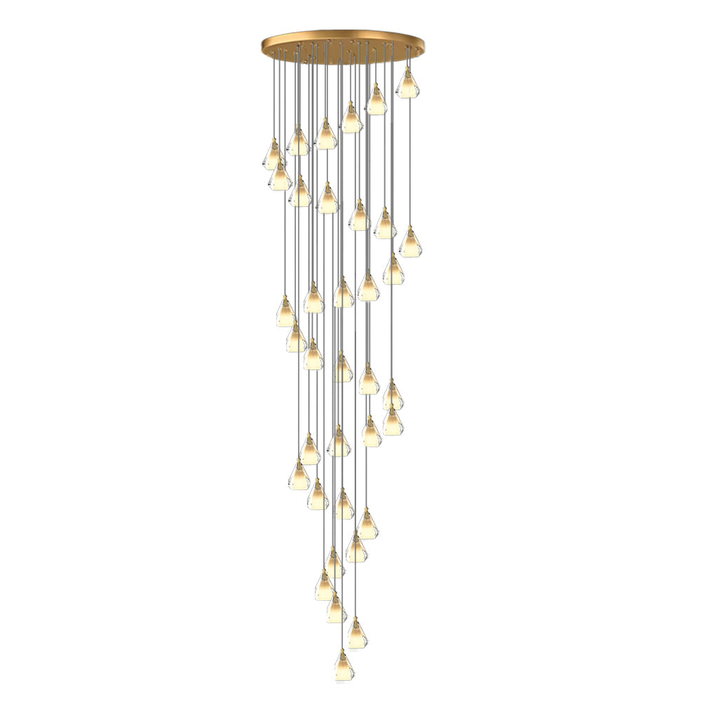 Faceted Crystal Cone Staircase Chandelier, Brass Long Drop Light 12