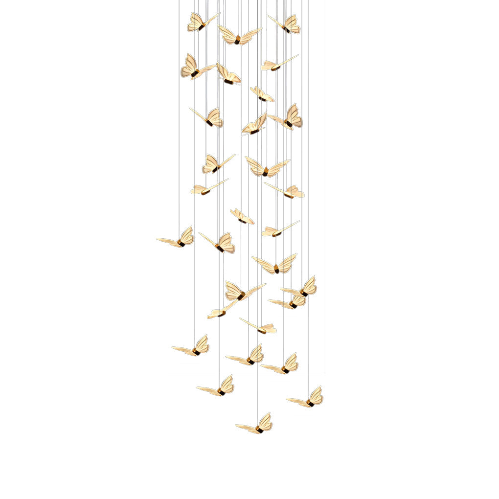 Butterfly Flight Staircase Chandelier, Black and Gold Long Drop Light 12