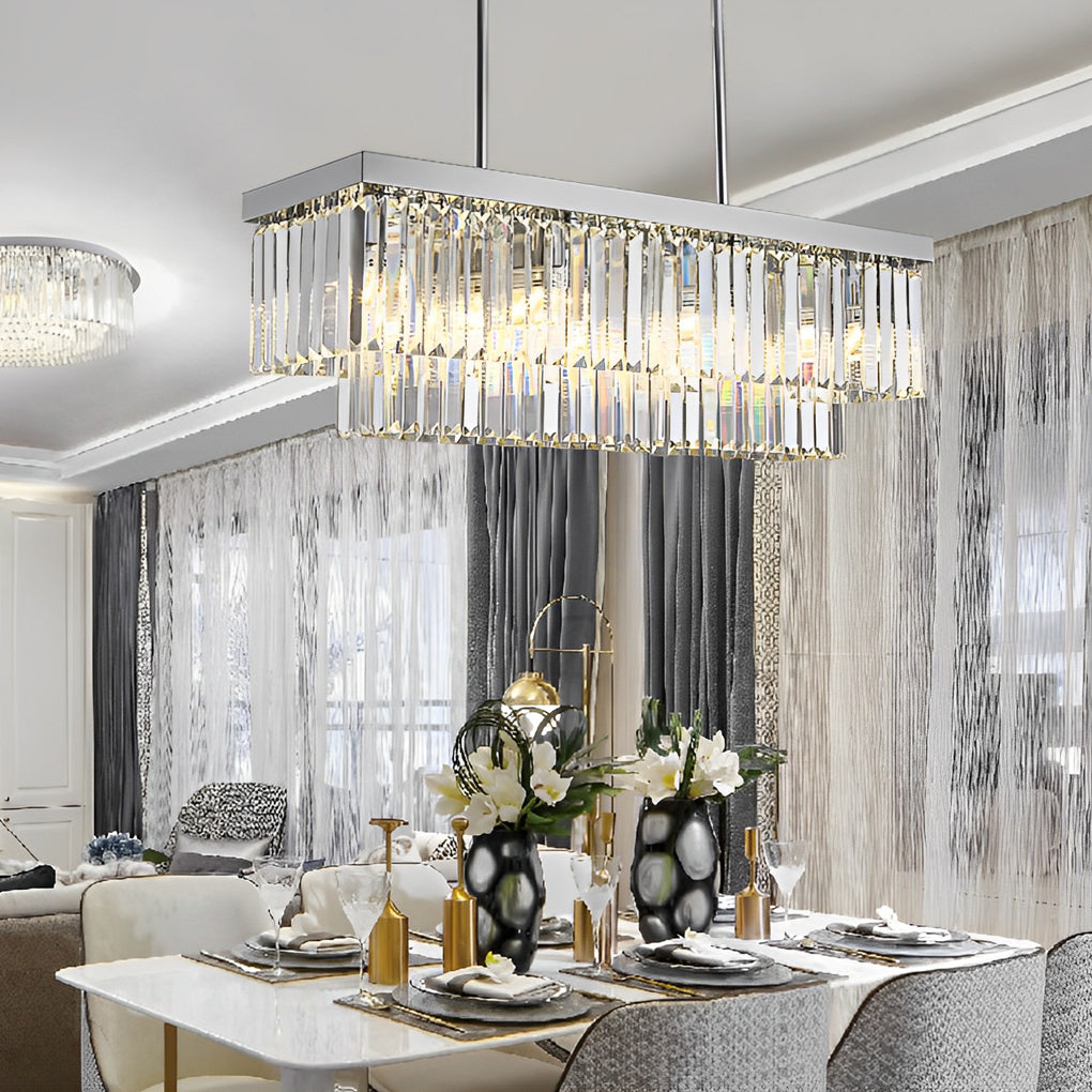 Tiered Prism Crystal Chandelier, Silver Steel Linear Dining Light 5