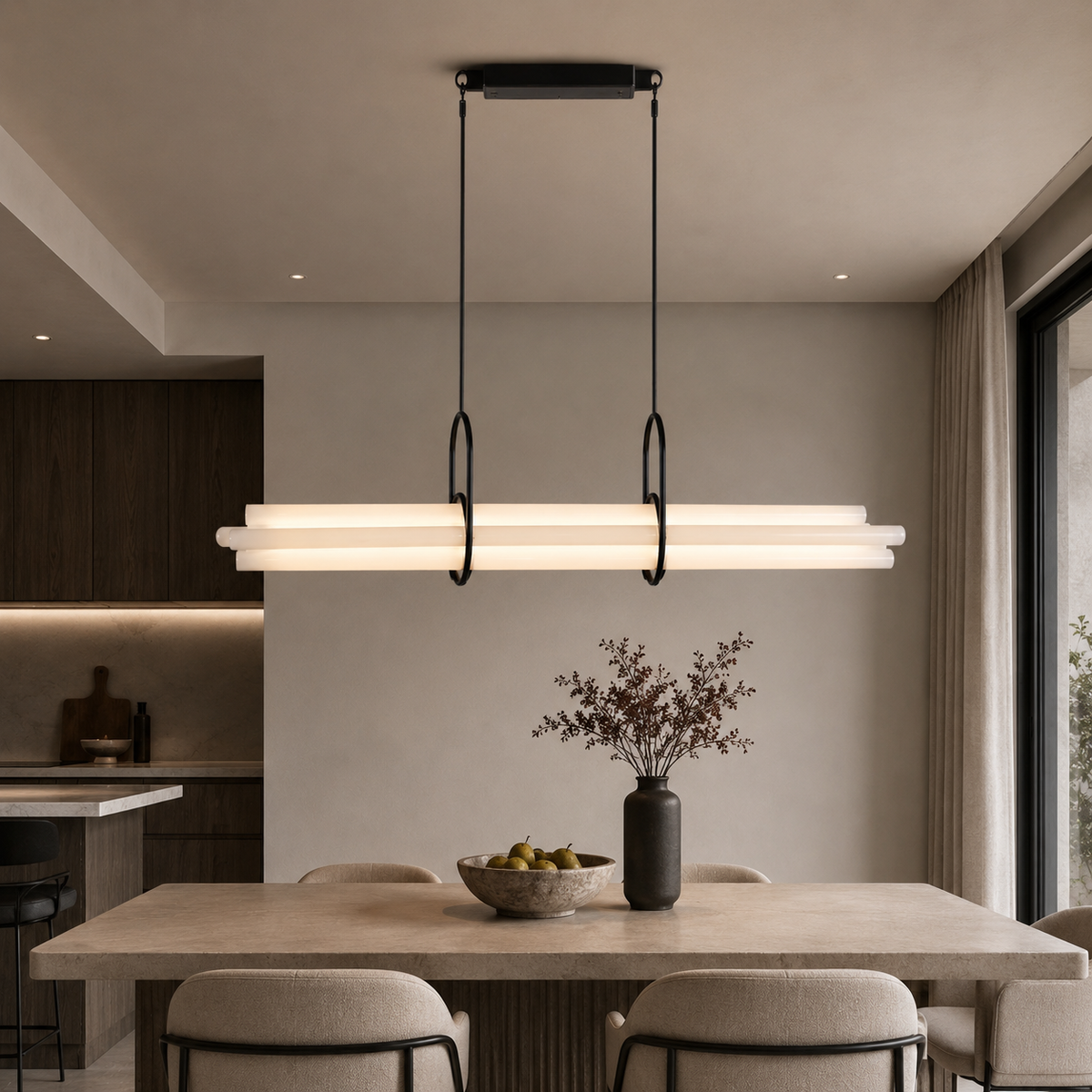 Slim Glass and Aluminum Linear Pendant, Long Office Bar