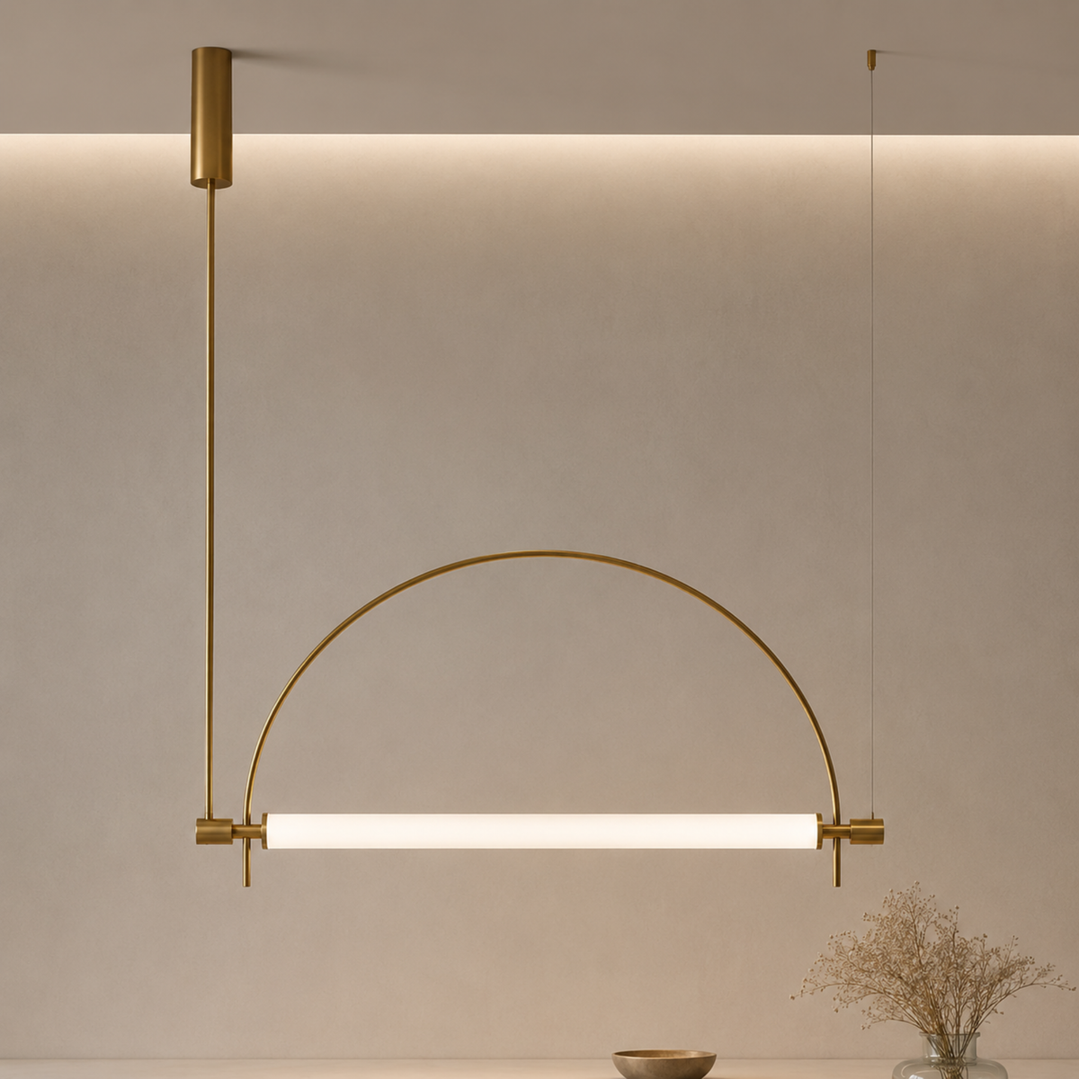 Gold Arc Linear LED Pendant, Curved Sculptural Light