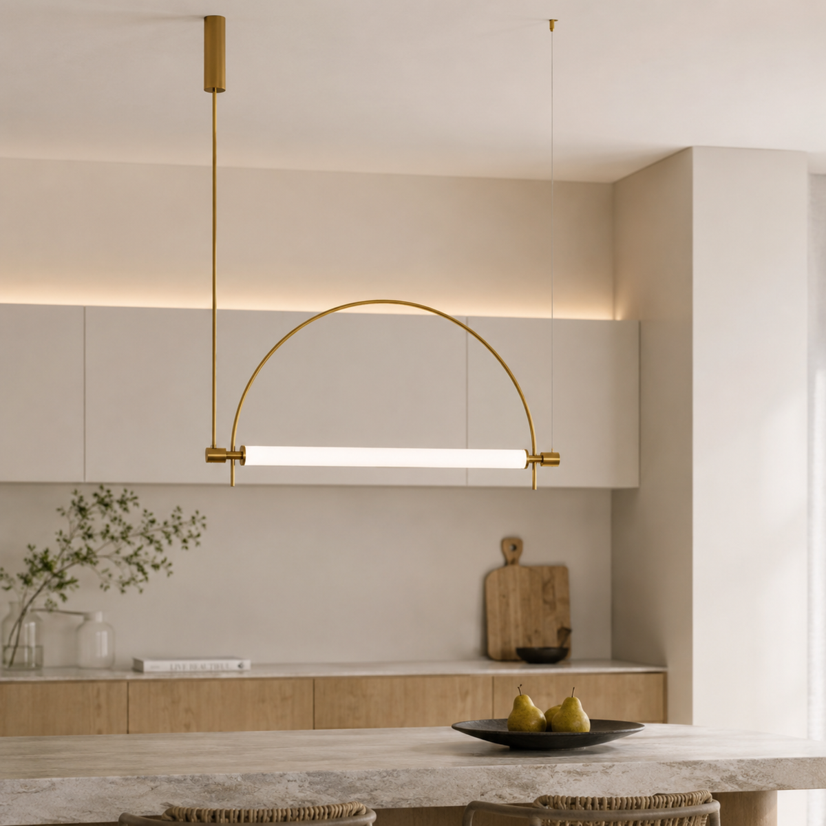 Gold Arc Linear LED Pendant, Curved Sculptural Light