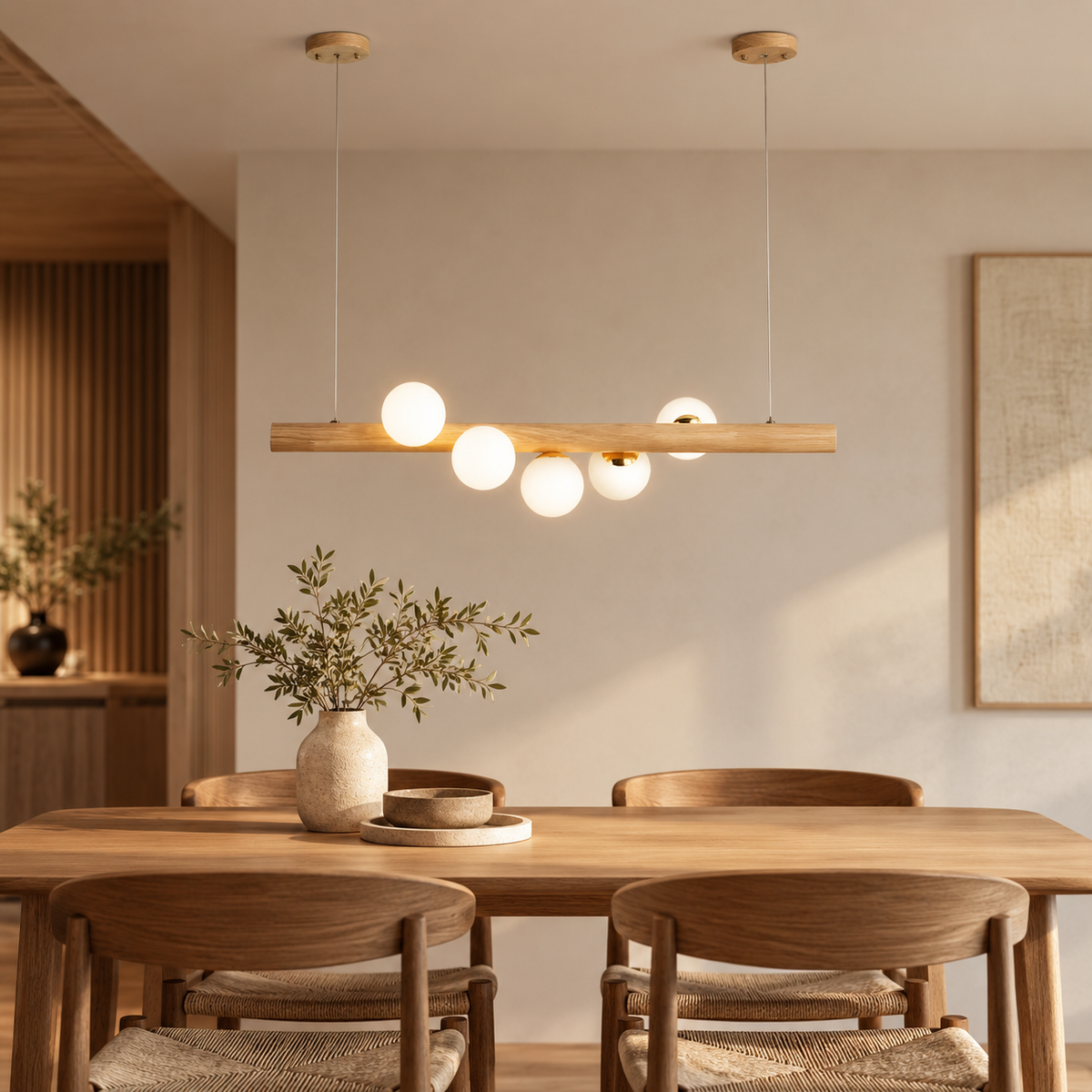 Walnut Wood Beam Globe Linear Pendant, 5 or 7 Lights