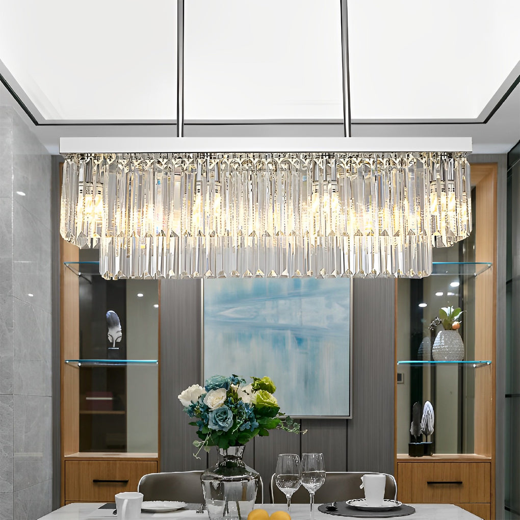Tiered Prism Crystal Chandelier, Silver Steel Linear Dining Light 6