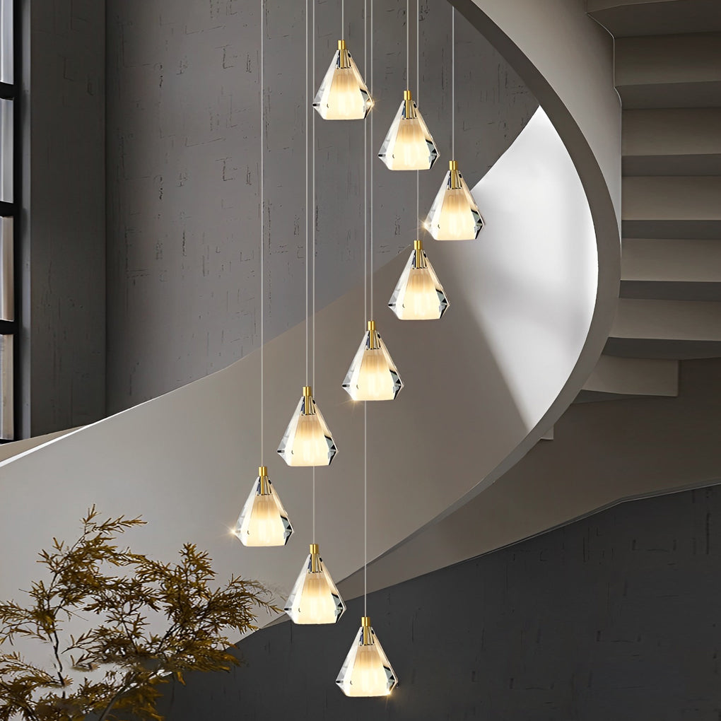 Faceted Crystal Cone Staircase Chandelier, Brass Long Drop Light 2
