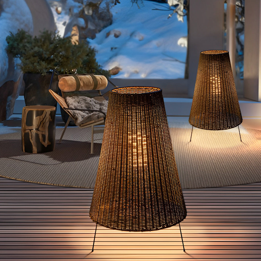 Woven Rattan Tripod Floor Lamp, Iron Frame Outdoor Patio Light