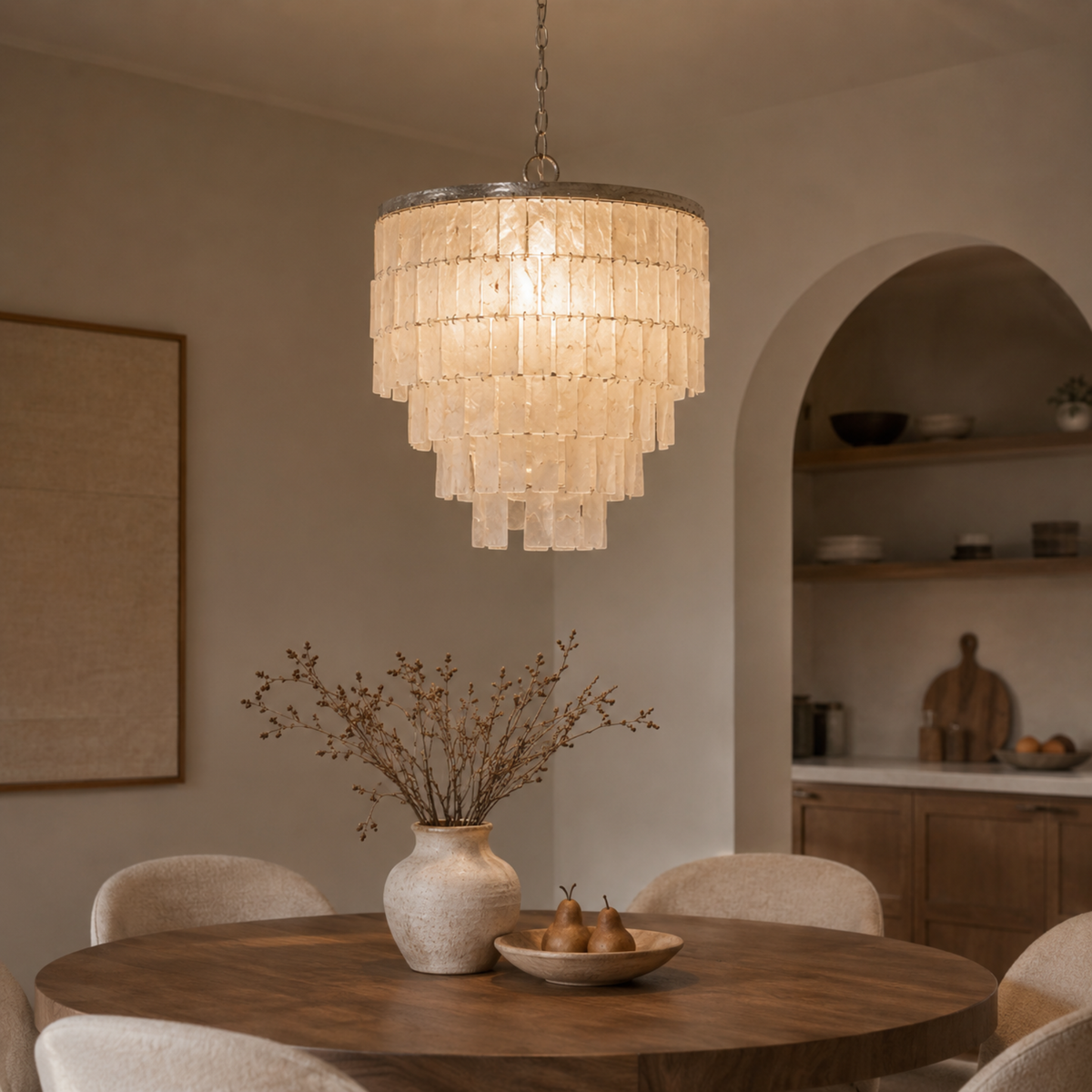 Natural Shell Tiered Chandelier, Coastal Round Pendant