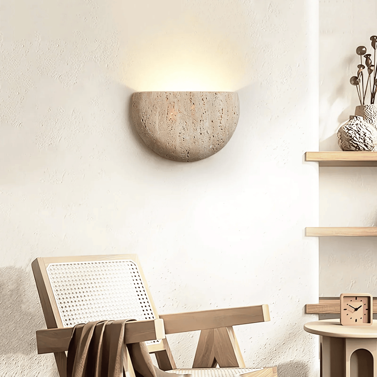 Natural Travertine Stone Wall Sconce, Wabi Sabi Light