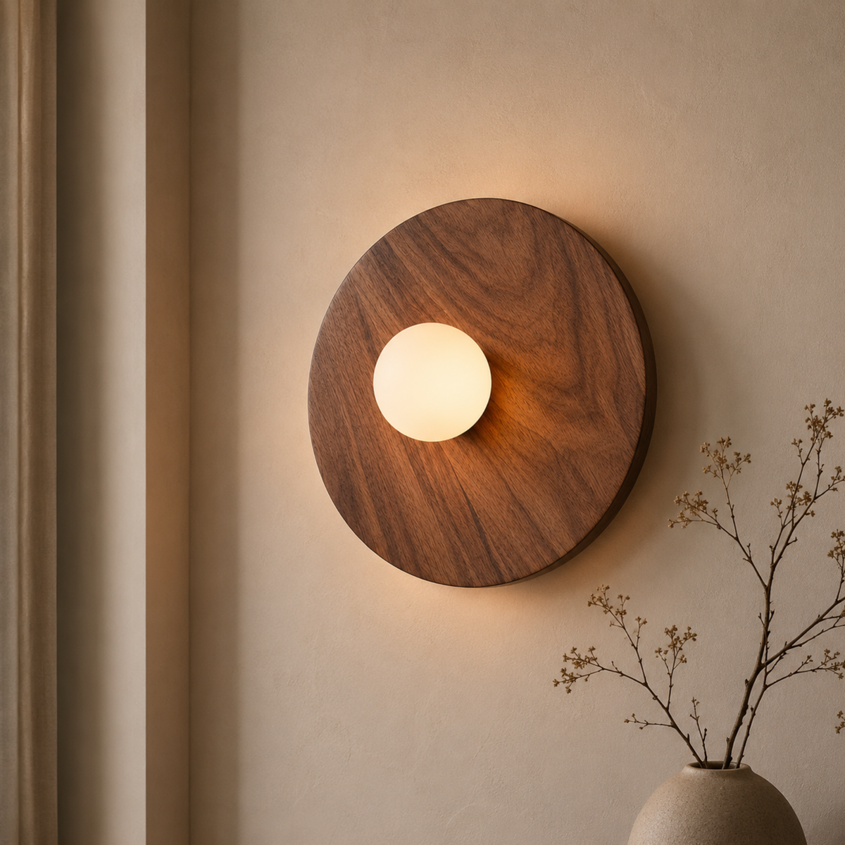 Solid Walnut Wood Wall Sconce with Glass Globe, Nordic