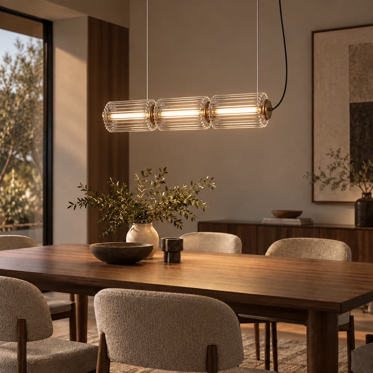 Fluted Glass Linear Pendant Light, Italian Style Island