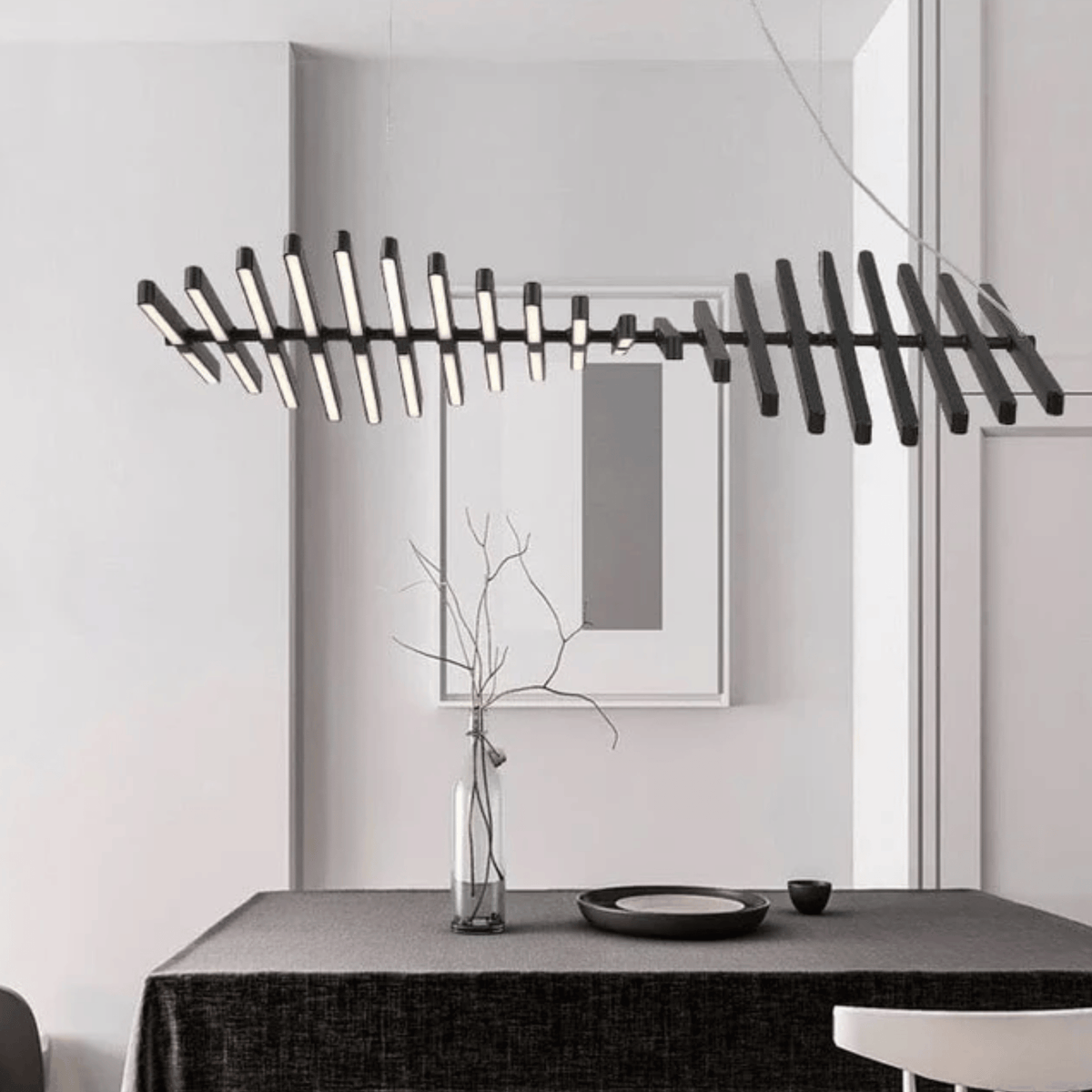 Black Rotating Bar LED Chandelier, Sculptural Linear