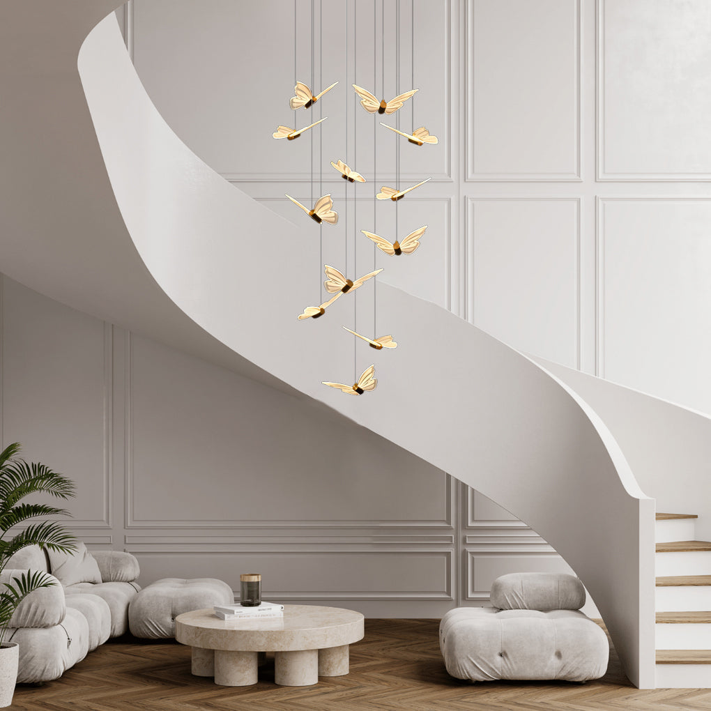 Butterfly Flight Staircase Chandelier, Black and Gold Long Drop Light 3
