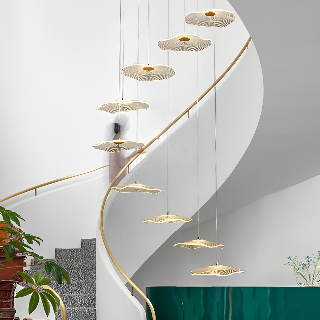 Lotus Leaf Acrylic Staircase Chandelier, Gold Iron Long Drop Light 2