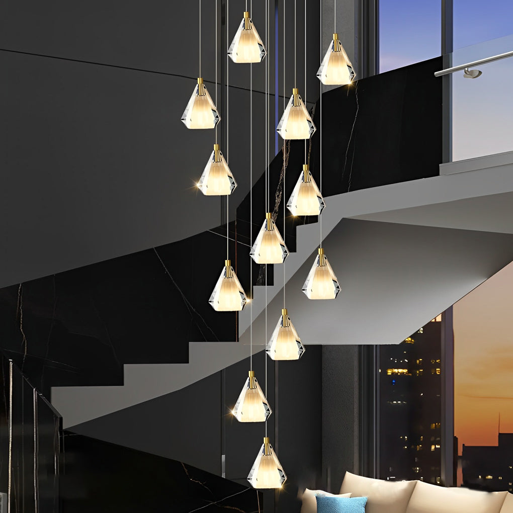 Faceted Crystal Cone Staircase Chandelier, Brass Long Drop Light 3