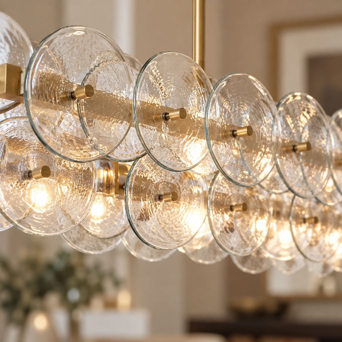 Clear Glass Disc Linear Chandelier, 12 Light Gold Frame