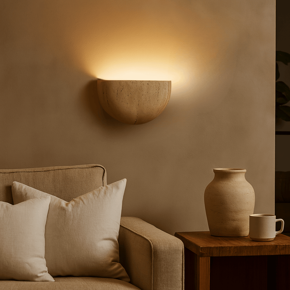 Natural Travertine Stone Wall Sconce, Wabi Sabi Light