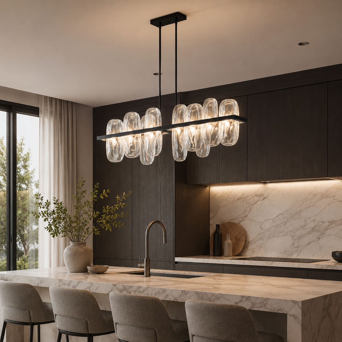 Melted Glass Linear Chandelier, Copper Frame LED