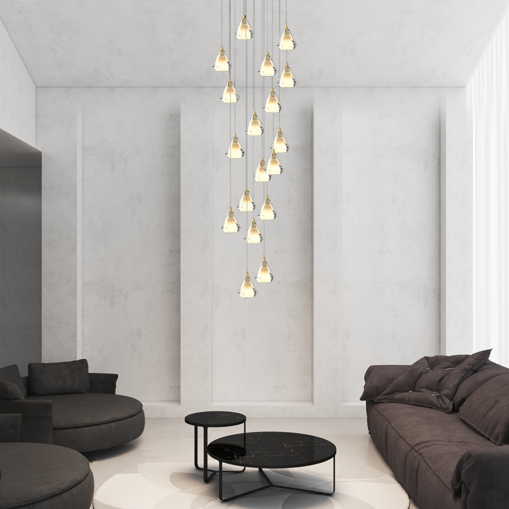Faceted Crystal Cone Staircase Chandelier, Brass Long Drop Light 4