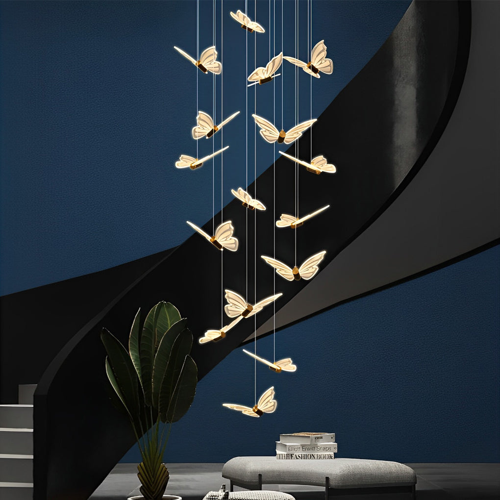 Butterfly Flight Staircase Chandelier, Black and Gold Long Drop Light 4