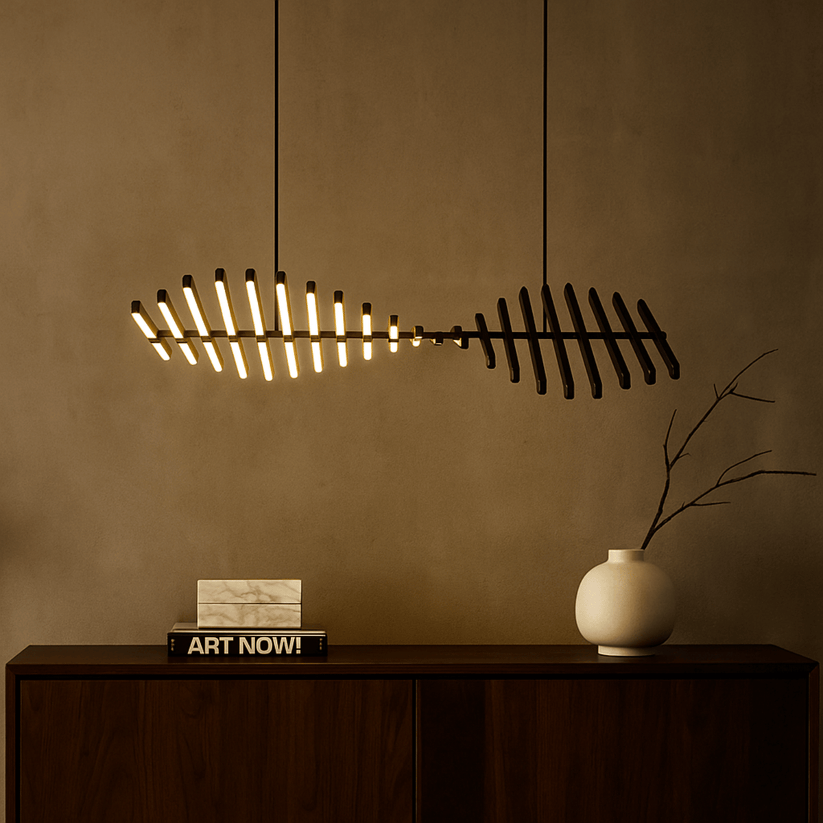 Black Rotating Bar LED Chandelier, Sculptural Linear